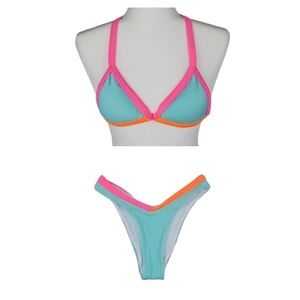Ribbed Backless Bikini Swimsuit in Turquoise with Pink and Orange Trim, XS